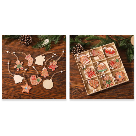 Set 18 Decoratiuni de Craciun din Lemn, Flippy, cu Snur pentru Agatare in Brad, Modele Diverse , Diferite Dimensiuni, Multicolor [2]