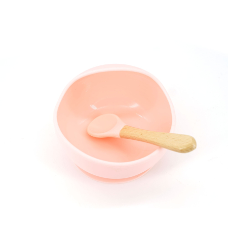 Set 2 piese diversificare bebelusi si copii din silicon Flippy, bol cu ventuza, lingurita din lemn si silicon, pentru gustari, fara alergeni, roz [1]