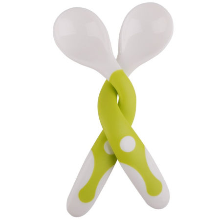 Articole Diverse copii - Set 2 Tacamuri pentru Bebelusi, Flippy, fara BPA, Maner din silicon,14.5 x 3.3 cm, Flexibile, +6 luni, Alb/Verde