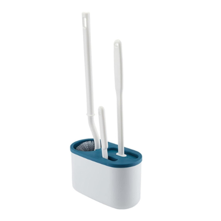 Articole pentru baie - Set 3 Perii pentru Toaleta , din Silicon, Perie Zimtata, Cap Flexibil, Suport Adeziv pentru Montarea pe Perete, 39 x 19 x 9.8 cm, Albastru/Alb