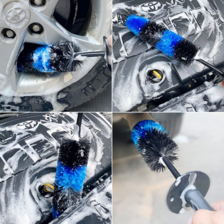 Set 3 Piese pentru Cosmetica Auto, Flippy, din Plastic si Otel, Maner Ergonomic, Perie Butuc, Anvelope, Detalii, Albastru [1]