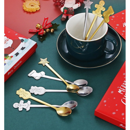 Craciun - Set 4 Lingurite, Flippy, Tema Craciun, din Otel Inoxidabil, 4 Modele Festive, Cutie Cadou, 14 x 14 x 2.5 cm, Argintiu
