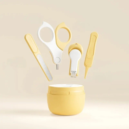 Set 4 Piese Ingrijire Unghii Bebelusi, Flippy, din ABS+Otel Inoxidabil, Cutie de Depozitare Tip Maimuta, de la 0 Luni, Galben [1]