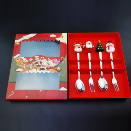 Set 4 Tacamuri, Flippy, cu Figurine de Craciun, din Otel Inoxidabil, 2 Furculite, 2 Linguri, Cutie Festiva, 13.5 cm, Rosu [3]