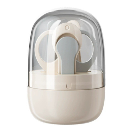 Ingrijire Unghii - Set 4in1 de Ingrijire Unghii pentru Bebelusi, Flippy, Cutie de Depozitare Tip Borcan, 0-6 Ani, 10 x 7 x 6 cm, Alb/Gri