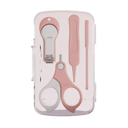 Ingrijire Unghii - Set 4in1 de Ingrijire Unghii pentru Bebelusi, Flippy, Cutie de Depozitare Transparenta, 0-6 Ani, 13.6x8x2 cm, Roz