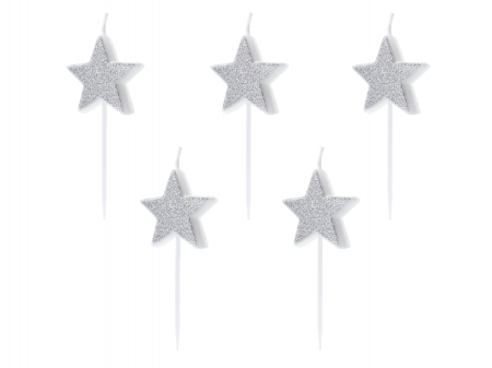 Lumanari - Set 5 Lumânări tort Stele, argintii, 3.5cm