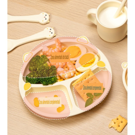Set 5 Piese Hranire Bebelusi si Copii, Flippy, din Silicon, fara BPA, de la 12 Luni, Model Pisicuta, 28 x 26 x 2 cm, Bej [3]