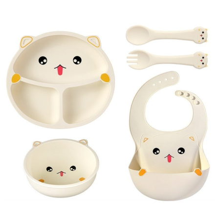 Articole Diverse copii - Set 5 Piese Hranire Bebelusi si Copii, Flippy, din Silicon, fara BPA, de la 12 Luni, Model Pisicuta, 28 x 26 x 2 cm, Bej