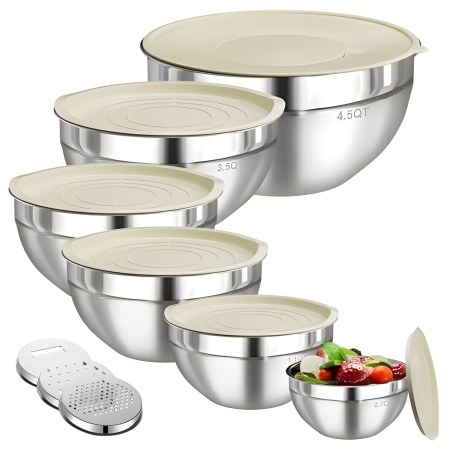 Diverse casa - Set 6 Boluri pentru Mixare si Depozitare, Flippy, Inox Premium, Capace Ermetice, 3 Accesorii Razuire si Feliere, Interior Gradat, Design Nestable, Argintiu