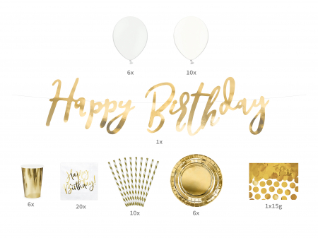 Petrecere Majorat - Set 60 buc decorațiuni petrecere aurii - Happy Birthday