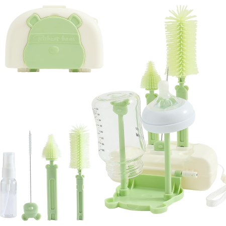 Articole Diverse copii - Set 7 Piese de Spalat/Uscat Biberoane, Flippy, Portabil, Peri de Silicon, pentru Tetine, Suzete, Biberoane, Paie, Cutie Inclusa, 16 x 11 x 5 cm, Model Ursulet, Verde