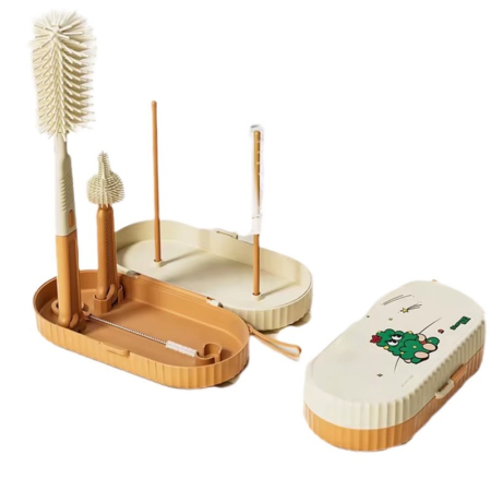 Set 7 Piese de Spalat/Uscat Biberoane, Flippy, Portabil, Peri de Silicon, pentru Tetine, Suzete, Biberoane, Paie, Cutie Inclusa, 20 x 9.5 cm, Portocaliu [1]