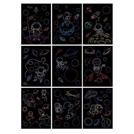 Set 9 Planse Razuibile, Flippy, Scratch ArtCards, +3 Ani, de Razuit si de Colorat, 19 x 14 cm, Model Spatiu Cosmic, Multicolor [1]