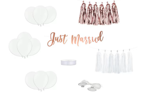 Articole Diverse - Set baloane/decoratiuni auto, PartyDeco, Model Just married, Alb/Auriu rose