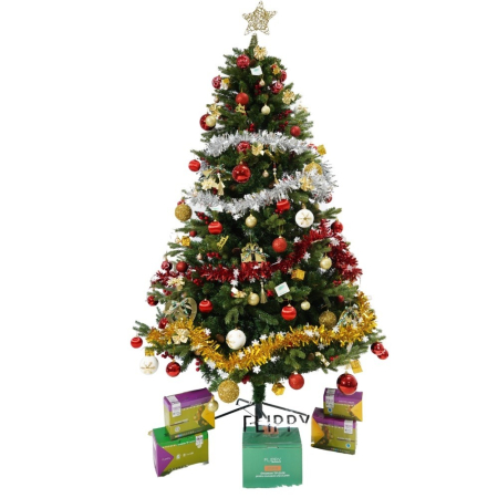 Craciun - Set brad artificial de Craciun si elemente decorative, decorat cu conuri pin rosii, inaltime 210 cm, diametru 137 cm, 1172 ramuri, Flippy, verde, suport metalic inclus