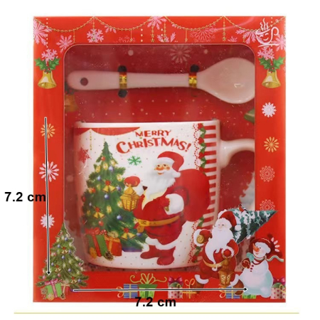 Decoratiuni Craciun - Set cana ceramica cu lingurita Flippy, 200 ml, tematica Mos Craciun cu brad, alb