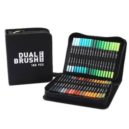 Jucarii Creative - Set Carioci pe Baza de Apa, Flippy, 2 in 1, pentru Pictura, Caligrafie, 100 Culori, Penar Negru, Corp Carioca Negru, 23.5 x 19.5 x 7.5 cm, Multicolor