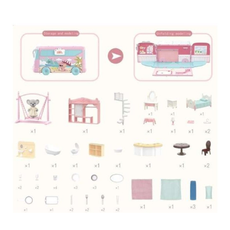 Set casa de papusi tip van, 2 in 1 autobuz si casa, 43 accesorii si mobilier, +3 ani, roz [4]