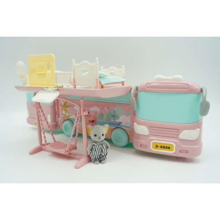 Set casa de papusi tip van, 2 in 1 autobuz si casa, 43 accesorii si mobilier, +3 ani, roz [6]