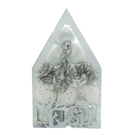 Ornamente Brad - Set de 12 ornamente de brad, Flippy, de tip Glob, Alb/ Argintiu, din polistiren, cu finisaj sclipitor , cutie  4  cm adancime x 20  cm inaltime x 12  cm lungime)