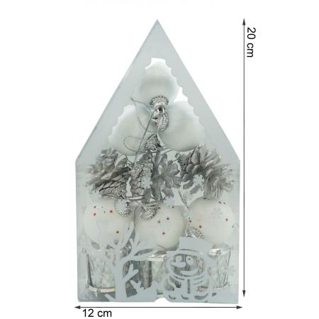 Set de 12 ornamente de brad, Flippy, de tip Glob, Alb/ Argintiu, din polistiren, cu finisaj sclipitor , cutie  4  cm adancime x 20  cm inaltime x 12  cm lungime) [5]