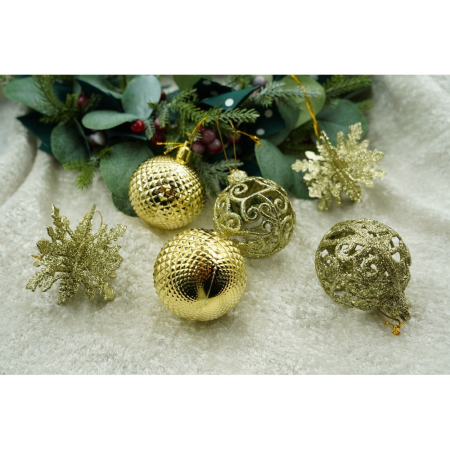 Set de 12 ornamente de brad, Flippy, de tip Glob, Auriu, din plastic, cu finisaj sclipitor , cutie  6  cm adancime x 23  cm lungime x 18  cm inaltime [6]