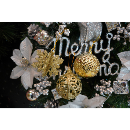 Set de 12 ornamente de brad, Flippy, de tip Glob, Auriu, din plastic, cu finisaj sclipitor , cutie  6  cm adancime x 23  cm lungime x 18  cm inaltime [4]