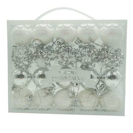 Globuri Brad - Set de 20 ornamente de brad, Flippy, de tip Glob, Alb/ Argintiu, din polistiren, cu finisaj sclipitor , cutie  4  cm adancime x 20  cm lungime x 16  cm inaltime