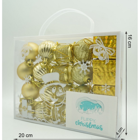 Set de 20 ornamente de brad, Flippy, de tip Glob, Auriu, din polistiren, cu finisaj sclipitor , cutie  4  cm adancime x 20  cm lungime x 16  cm inaltime [10]