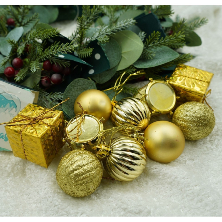 Set de 20 ornamente de brad, Flippy, de tip Glob, Auriu, din polistiren, cu finisaj sclipitor , cutie  4  cm adancime x 20  cm lungime x 16  cm inaltime [7]
