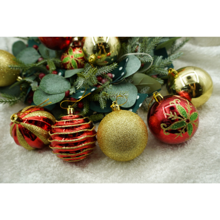 Set de 24 ornamente de brad, Flippy, de tip Glob, Rosu/ Auriu, cu ø de 7 cm, din plastic, cu finisaj sclipitor , cutie  16  cm lungime x 36  cm inaltime x 16  cm adancime [1]