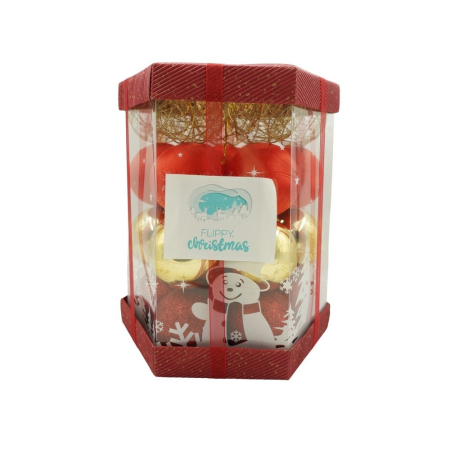 Craciun - Set de 28 ornamente de brad, Flippy, de tip Glob, Rosu/ Auriu, din polistiren, cu finisaj sclipitor , cutie  18  cm adancime x 22  cm inaltime x 18  cm lungime)