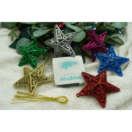 Set de 6 ornamente de brad, Flippy, de tip Stea, Multicolor, din plastic, cu finisaj sclipitor , cutie  3  cm adancime x 31  cm lungime x 9  cm inaltime [6]