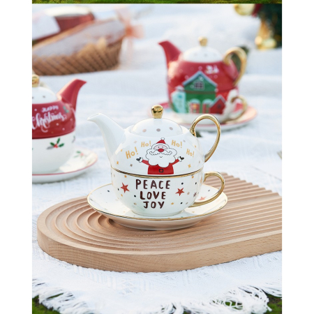 Set de Ceai, Flippy, Tema Craciun, Ceainic 420 ml, Cana 310 ml, Farfurie, din Portelan, Model Mos Craciun, Alb [5]