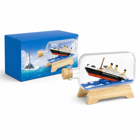 Jucarii educative - Set de Construit in Sticla cu Suport din Lemn, Flippy, din Plastic, Model Barca, Joc de Asamblare cu Sticla Decorativa si Suport, Varsta 14 Ani+, Dimensiune 20.2x13x22.3 cm, Multicolor