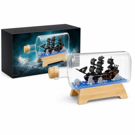 Jucarii educative - Set de Construit in Sticla cu Suport din Lemn, Flippy, Model Corabie Pirati, Jucarie Tip Blocuri din Plastic, Decoratiune DIY pentru Asamblare, Dimensiune 20.2 x 13 x 22.3 cm, Varsta 14 Ani+, Multicol