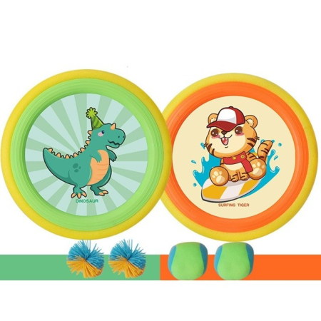Jucarii si Jocuri - Set Interactiv Frisbee, Fippy, pentru Copii, 2 Palete Elastice, Diametru 30 cm, 4 Mingi, + 3 Ani, Design Animat, Multicolor