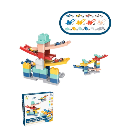 Jucarii si Jocuri - Set piese pentru constructie, Flippy, Rampa auto, 30 piese, Masinute incluse 