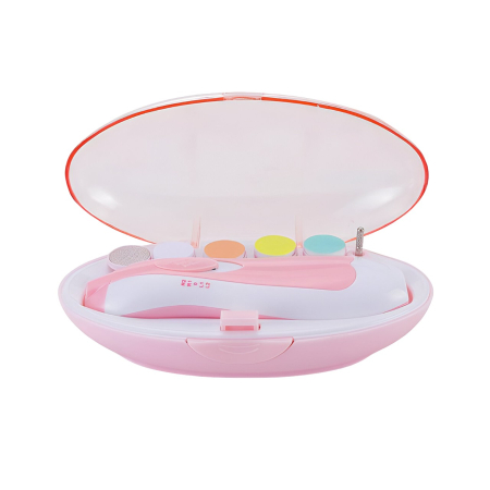 Ingrijire Unghii - Set Pila Electrica pentru Copii si Bebelusi, Flippy, ABS, 6 Accesorii, cu Lumina LED, Roz Alb