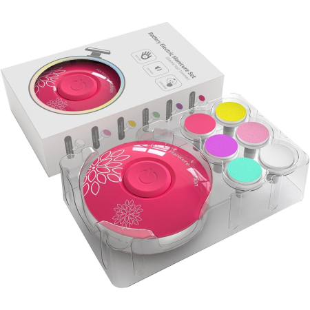 Set Pila Electrica pentru Copii si Bebelusi, Flippy, ABS, Incarcare USB, Model cu Flori, 6 Accesorii, cu Lumina LED, Fucsia [1]