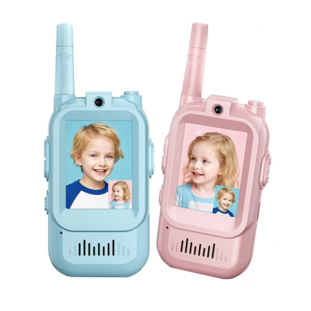Jucarii interactive - Set Walkie Talkie WiFi pentru Copii, Flippy, Set 2 Statii, Apeluri Video, cu Ecran de 2", Efecte Voce, Reincarcabile, Cabluri TYPE-C, Raza pana la 500 m, 12 x 5 x 2 cm, Roz/Albastru