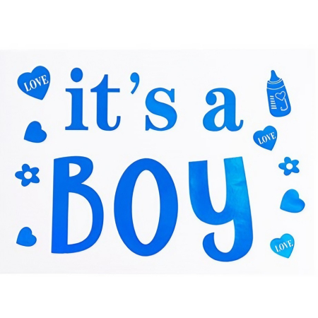 Articole De Petrecere - Sticker Autocolant, Flippy, Tematica Gender Reveal, Model Scris It's a Boy, 19.5x27.5 cm, Albastru