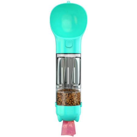 Articole pentru Animale - Sticla portabila 4 in 1  , pentru caini si pisici, cu 3 compartimente + lopetica, 300ml, apa, hrana, pungi igienice, lopetica, 26.7 x 9.7 x 9.4 cm, turcoaz