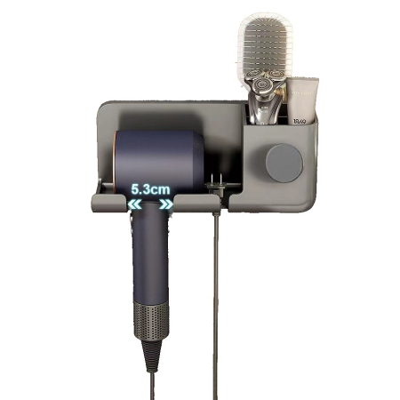 Casa si Bricolaj - Suport de Baie , pentru Uscator de Par, cu Organizator Dublu, din Plastic, Aplicare cu Suport Adeziv, 23 x 8.8 x 9.5 cm, Gri