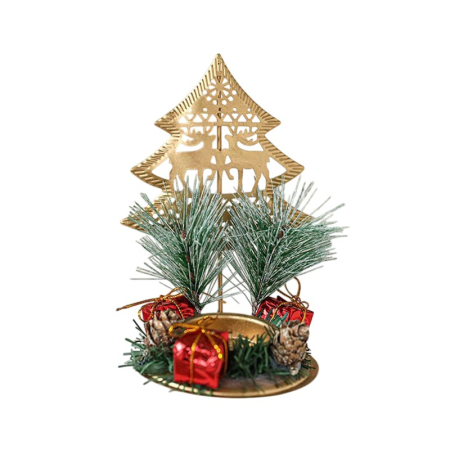 Suport Decorativ pentru Lumanare de Craciun, Flippy, Ornament pentru Lumanare pe Masa, Model Brad cu Reni si Crengute de Brad, din Art Metal, fara Lumanare 13 x 8.3 cm, Auriu [1]