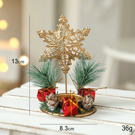 Decoratiuni Craciun - Suport Decorativ pentru Lumanare de Craciun, Flippy, Ornament pentru Lumanare pe Masa, Model Fulg de Nea si Crengute de Brad, din Art Metal, fara Lumanare 13 x 8.3 cm, Auriu