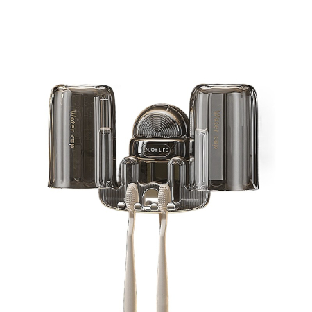 Articole pentru baie - Suport Multifunctional Dublu, Pahar si Suport pentru Periuta de Dinti , Plastic, 11 cm x 11.5 cm, Gri