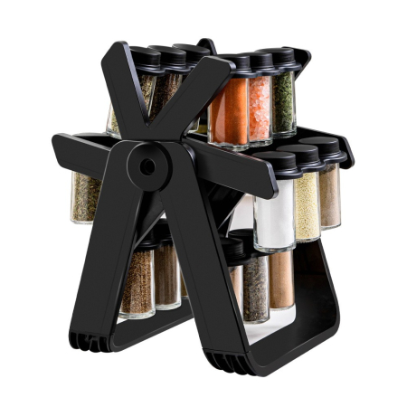 Bucatarie - Suport Pentru Condimente Rotativ, Flippy, Multifunctional, Pivotant 360°, Portabil, Usor de Montat, 34x23 cm, ABS/Sticla, Negru