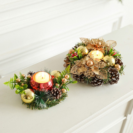 Suport pentru Lumanare de Craciun, Flippy, Model Cupa cu 2 Globutele Aurii si 2 Flori cu Conuri, Sfesnic de Tip Ghirlanda, Decoratiune pe Masa de Craciun, 17.5 x 17.5 x 7 cm, Auriu [2]